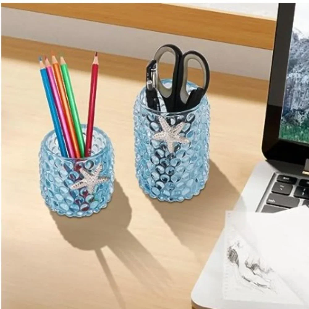 2 pc / 2 sizes - Glass Make-up Brush Organizer / Vases  (Blue w/ Starfish)